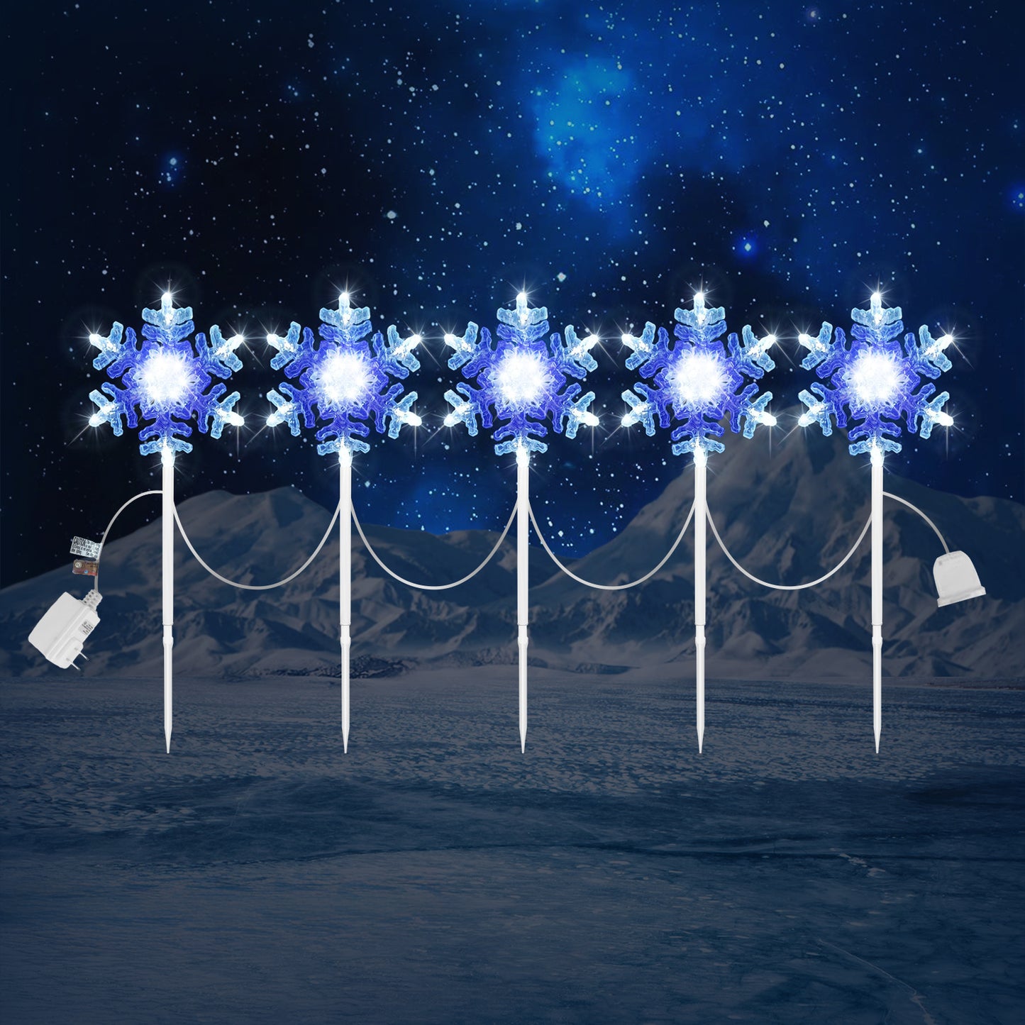 9 ft 3D Snowflake Pathway Lights – Set of 5 Cool White Outdoor Christmas Lights with Yard Stakes, Connectable & UL Listed