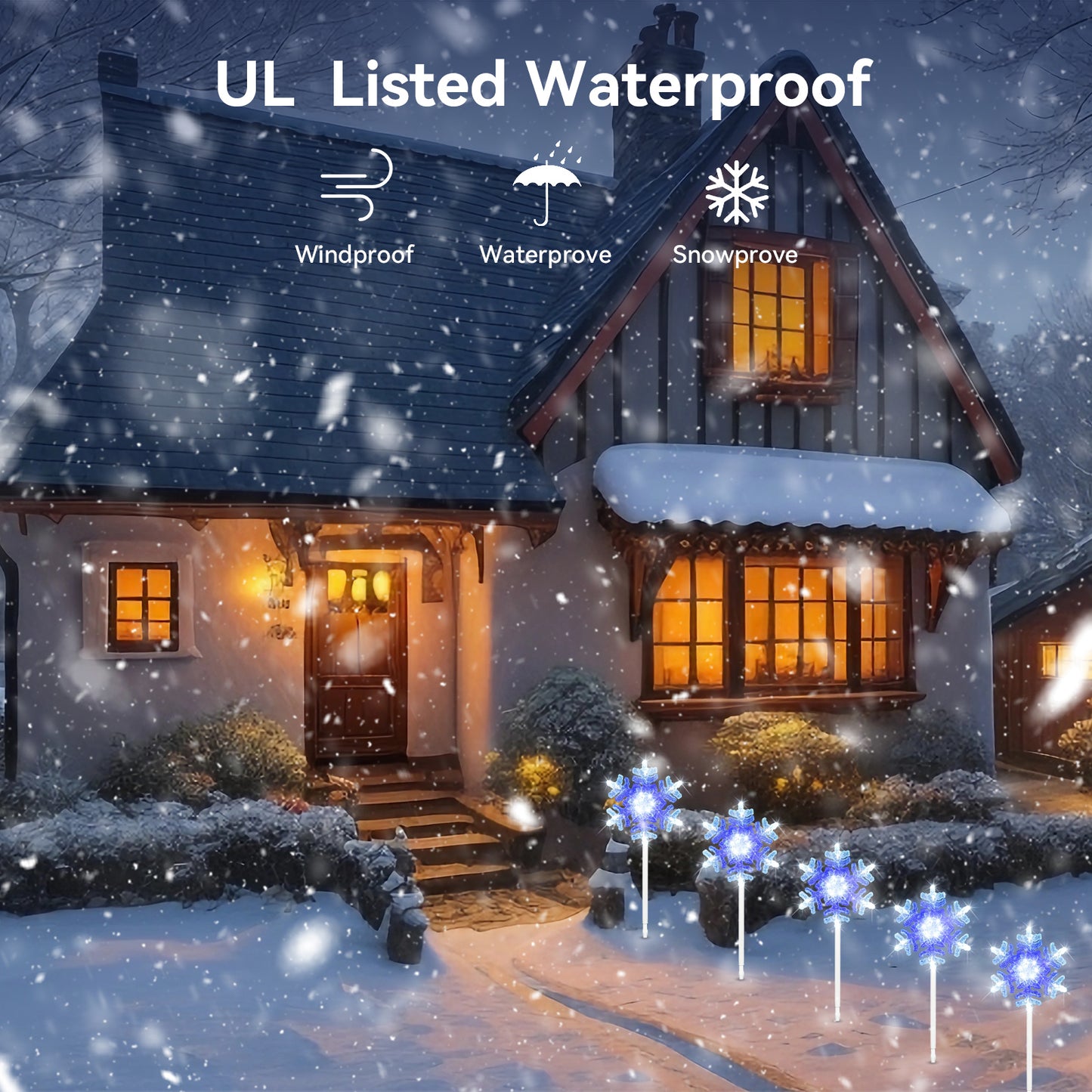 9 ft 3D Snowflake Pathway Lights – Set of 5 Cool White Outdoor Christmas Lights with Yard Stakes, Connectable & UL Listed