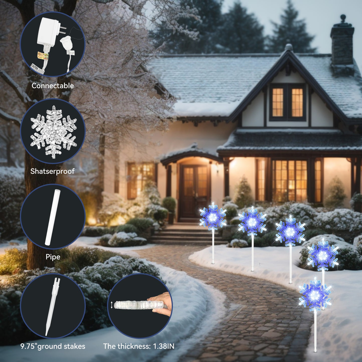 9 ft 3D Snowflake Pathway Lights – Set of 5 Cool White Outdoor Christmas Lights with Yard Stakes, Connectable & UL Listed