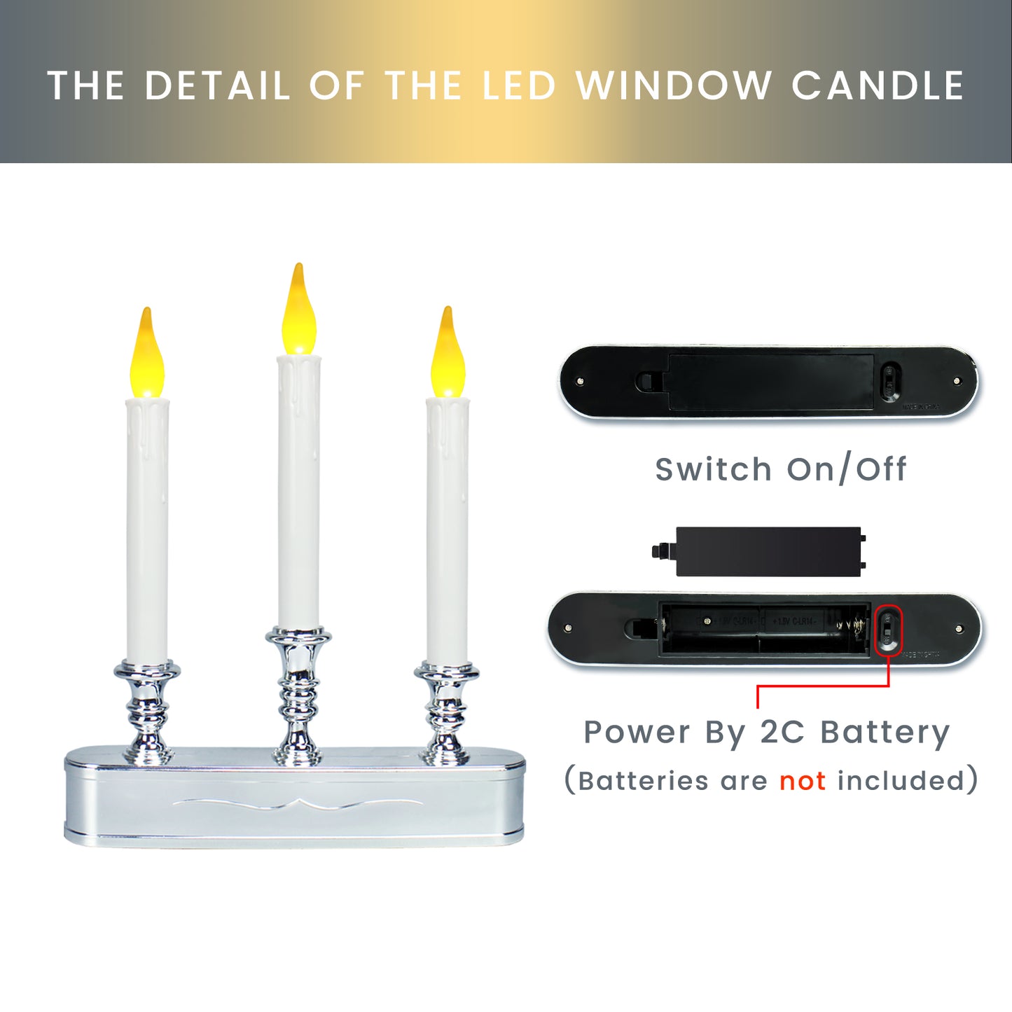 FESTIA Battery Operated Flameless Flicker Flame Window Candelabra with Timer - 3 LED Lights Candle 8 Hours On,16 Hours Off for Indoor Ambiance and Elegance for Cozy Evenings and Festive Decor