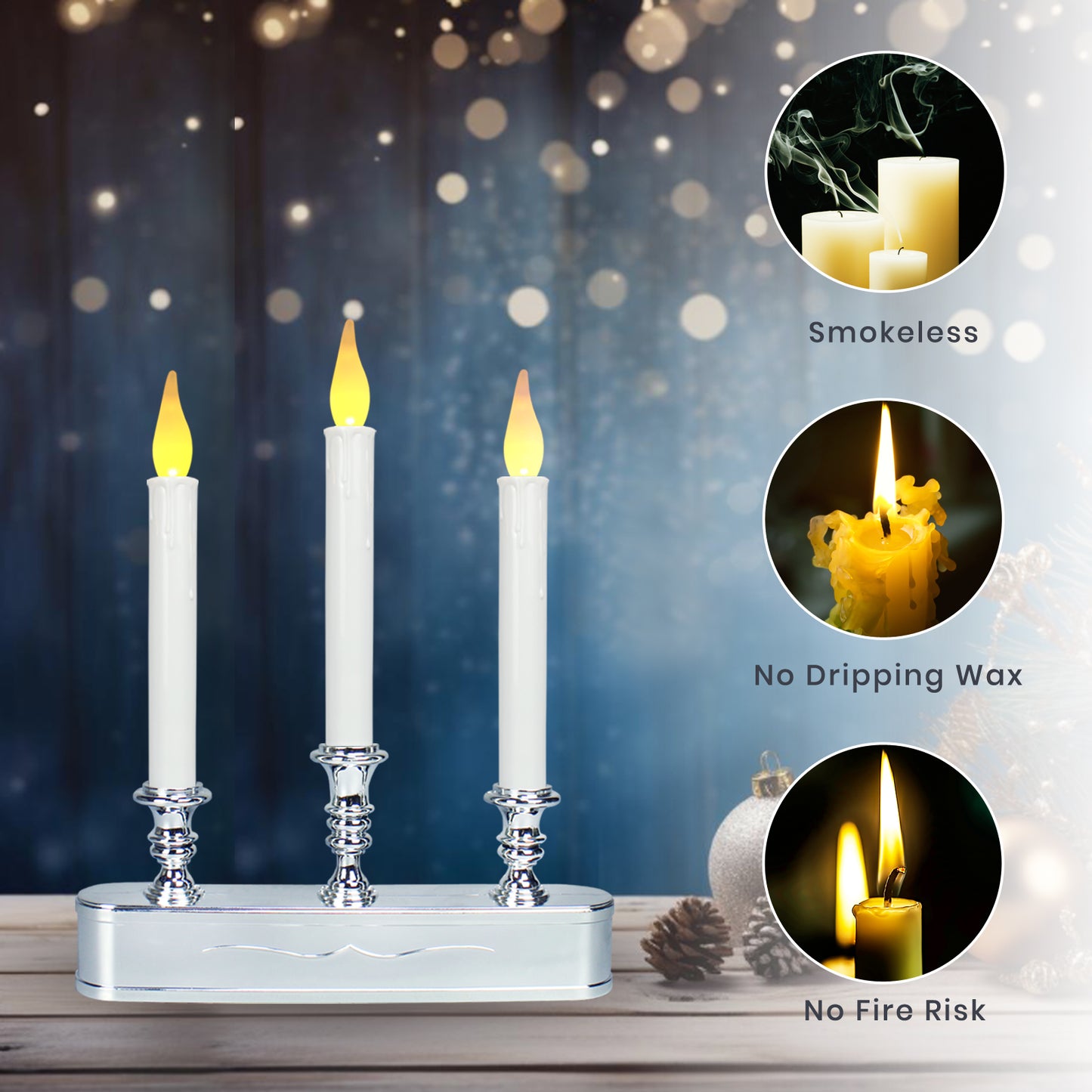 FESTIA Battery Operated Flameless Flicker Flame Window Candelabra with Timer - 3 LED Lights Candle 8 Hours On,16 Hours Off for Indoor Ambiance and Elegance for Cozy Evenings and Festive Decor