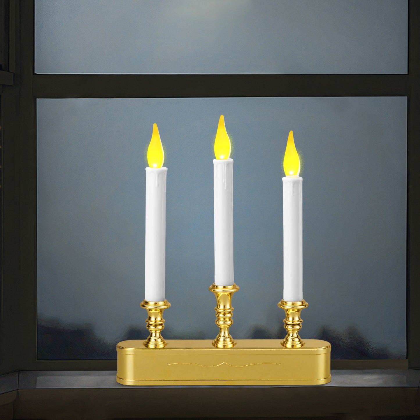 FESTIA Battery Operated Flameless Flicker Flame Window Candelabra with Timer - 3 LED Lights Candle 8 Hours On,16 Hours Off for Indoor Ambiance and Elegance for Cozy Evenings and Festive Decor