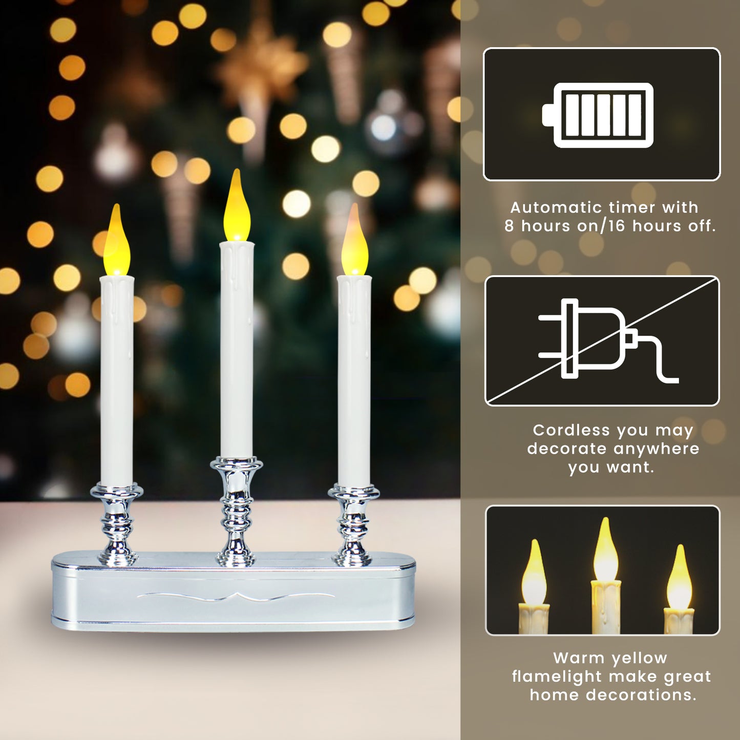 FESTIA Battery Operated Flameless Flicker Flame Window Candelabra with Timer - 3 LED Lights Candle 8 Hours On,16 Hours Off for Indoor Ambiance and Elegance for Cozy Evenings and Festive Decor