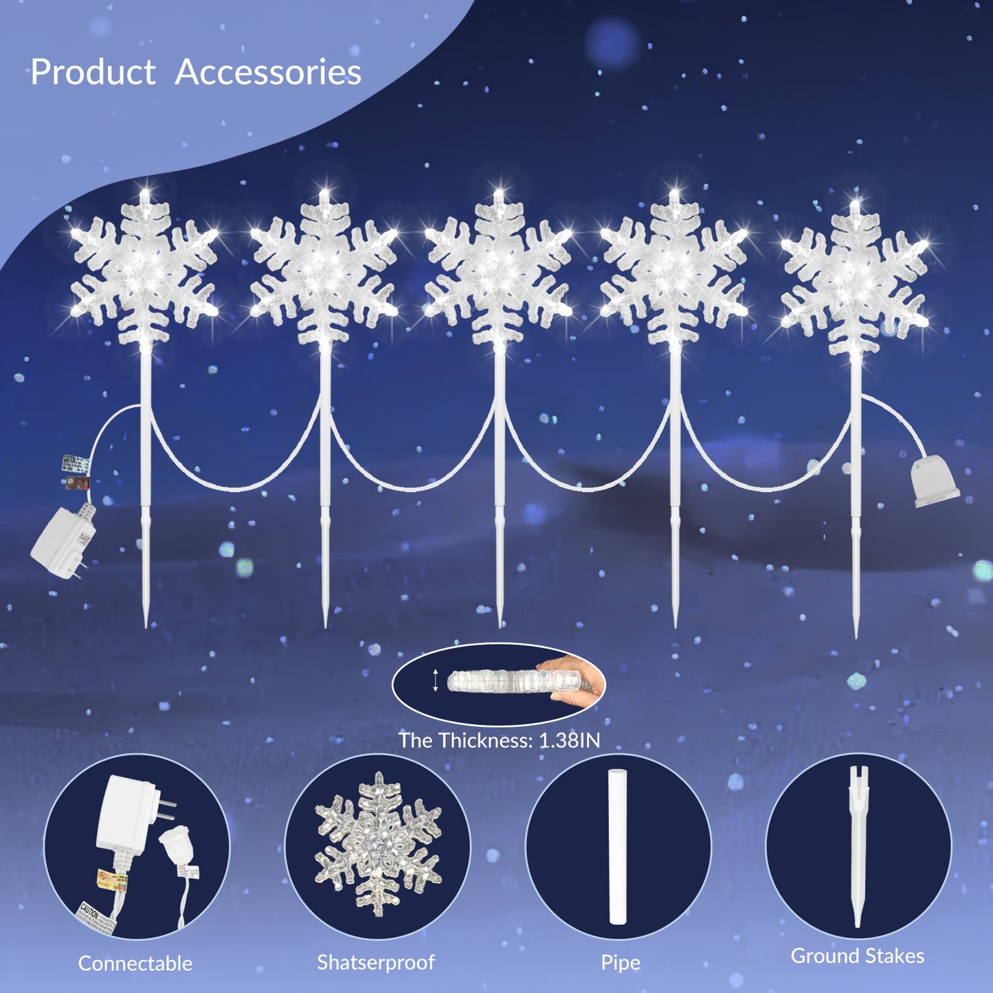9 ft 3D Snowflake Pathway Lights – Set of 5 Cool White Outdoor Christmas Lights with Yard Stakes, Connectable & UL Listed