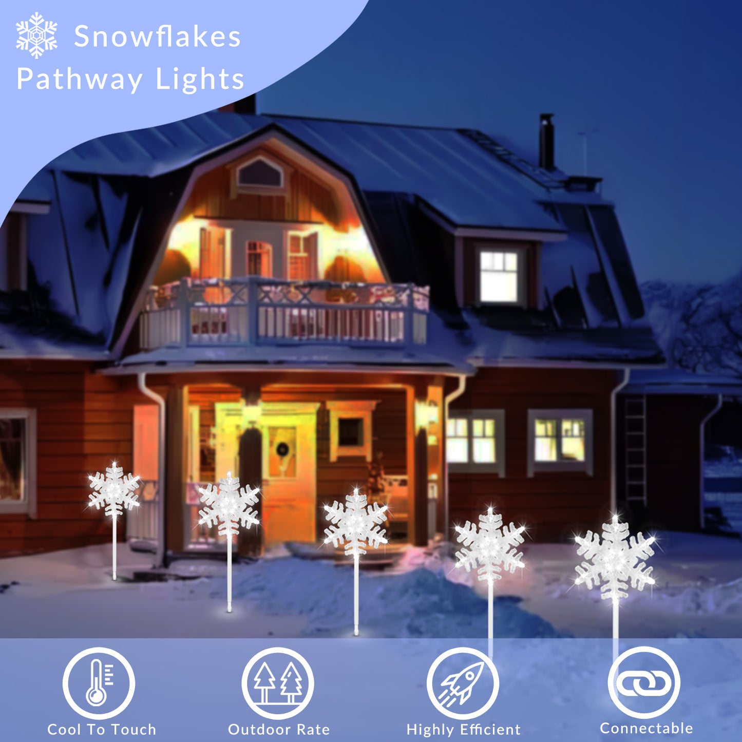 9 ft 3D Snowflake Pathway Lights – Set of 5 Cool White Outdoor Christmas Lights with Yard Stakes, Connectable & UL Listed