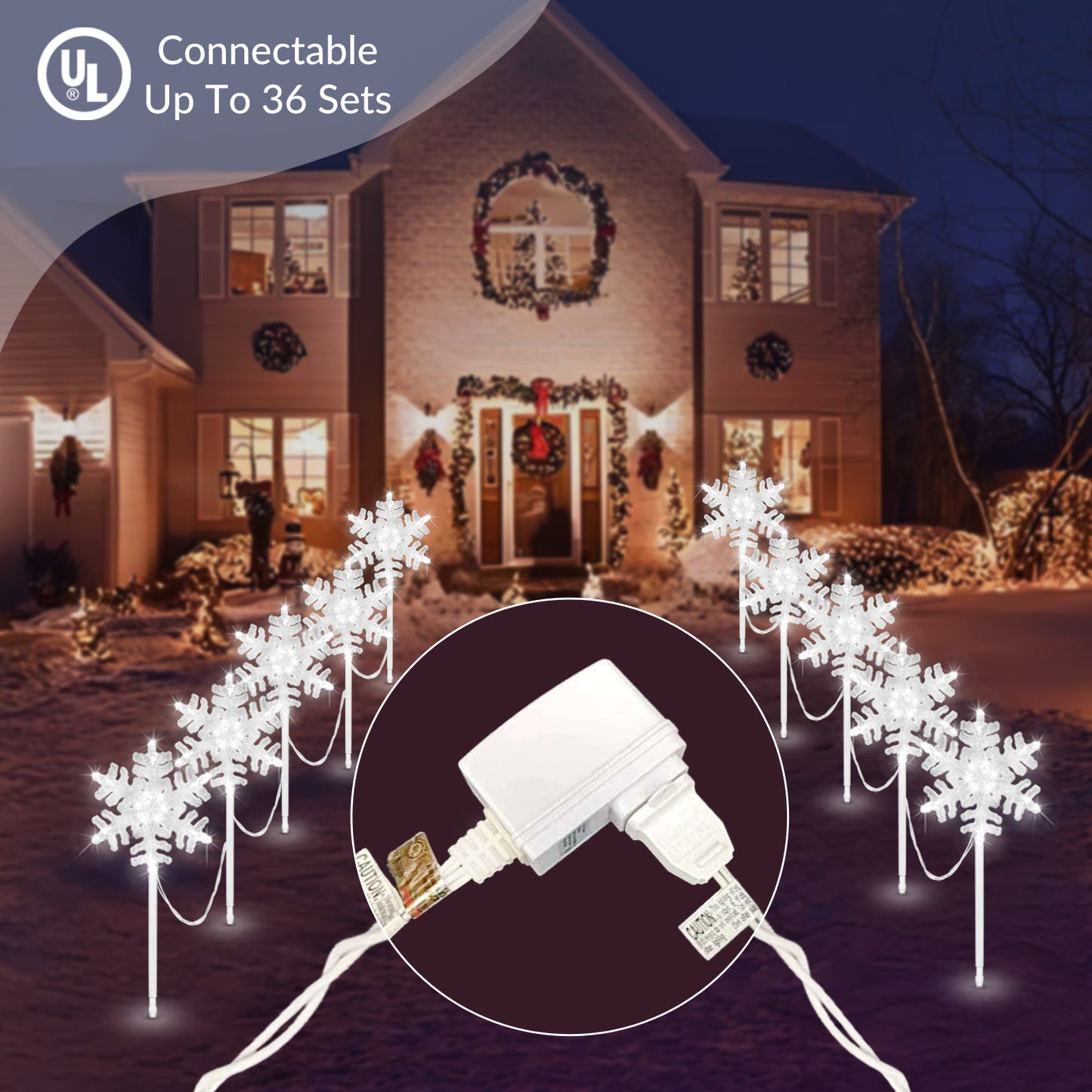 9 ft 3D Snowflake Pathway Lights – Set of 5 Cool White Outdoor Christmas Lights with Yard Stakes, Connectable & UL Listed