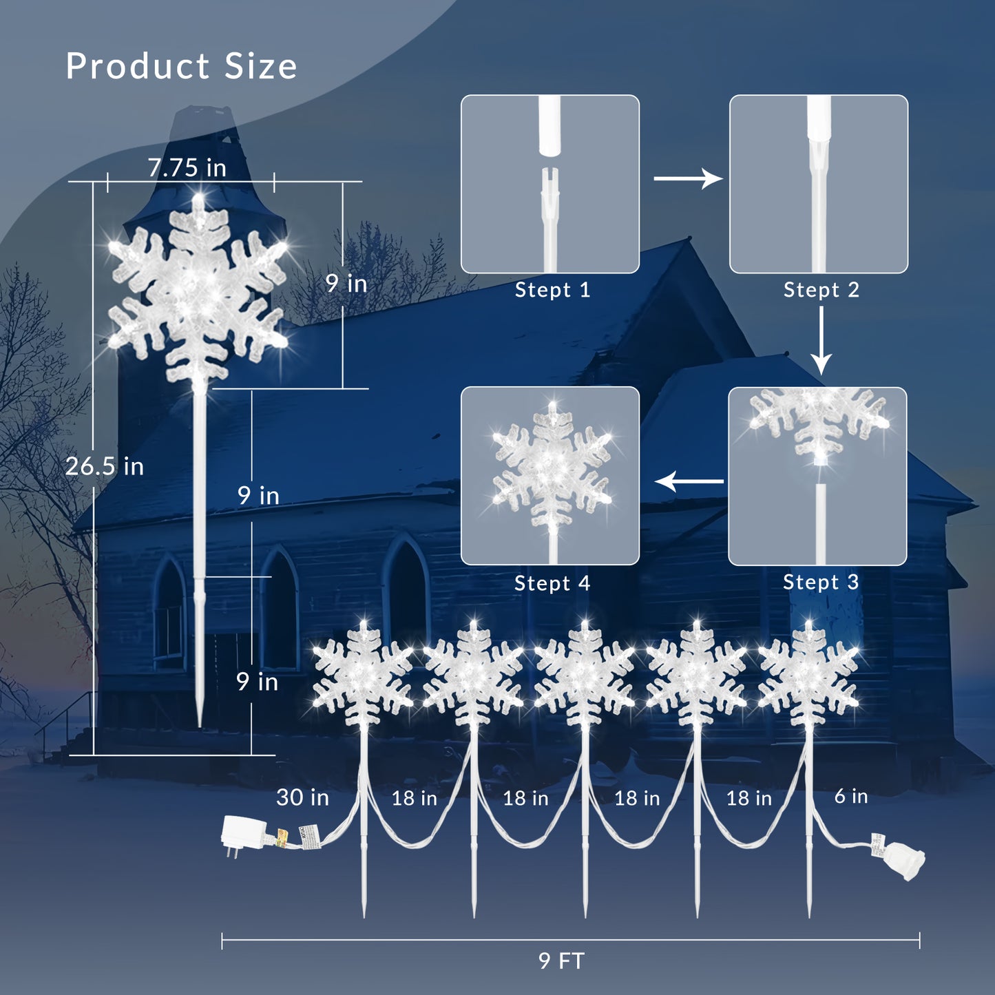 9 ft 3D Snowflake Pathway Lights – Set of 5 Cool White Outdoor Christmas Lights with Yard Stakes, Connectable & UL Listed