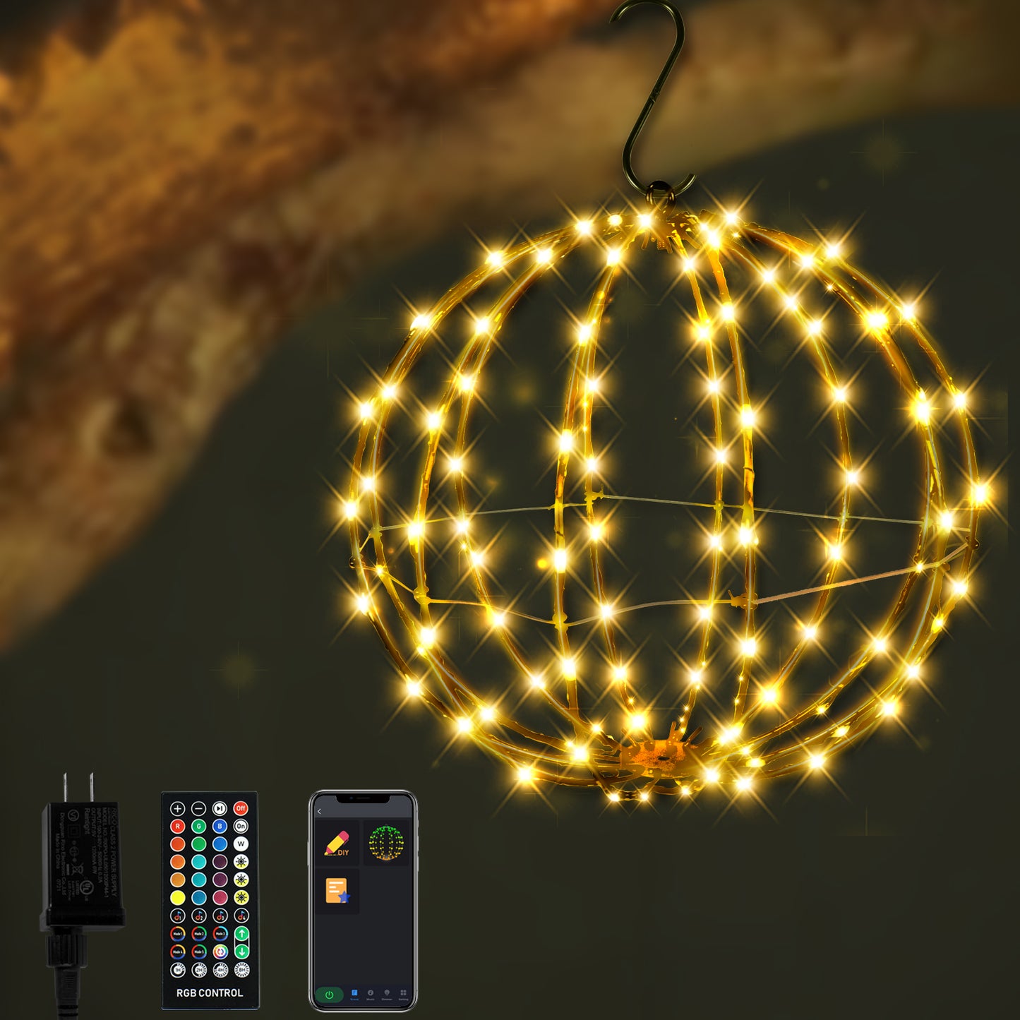 Outdoor Christmas Decorations 12" 108 Led Smart RGB Lighted Balls, DIY Hanging sphere light with Remote Iron Frame Foldable Waterproof For Holiday Patio wedding Patio Tree Gazebo Decor