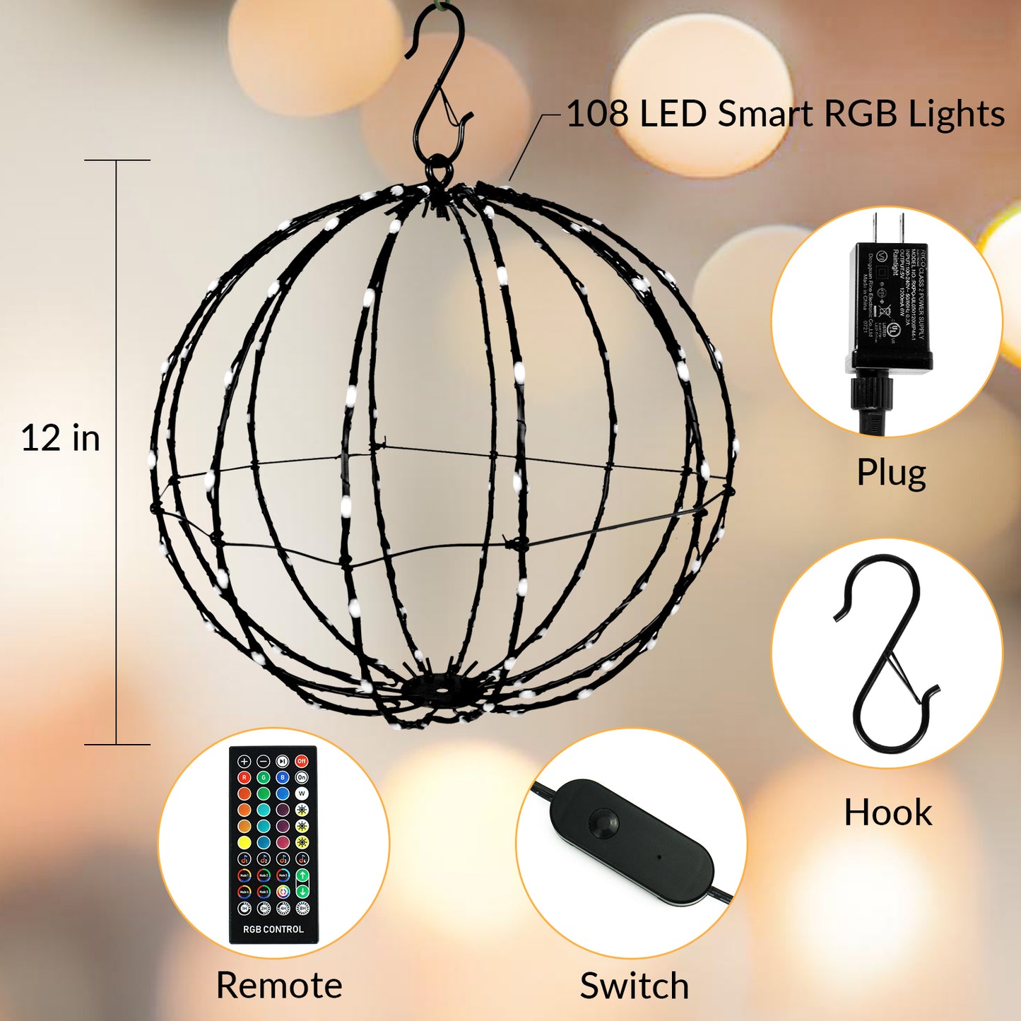 Outdoor Christmas Decorations 12" 108 Led Smart RGB Lighted Balls, DIY Hanging sphere light with Remote Iron Frame Foldable Waterproof For Holiday Patio wedding Patio Tree Gazebo Decor