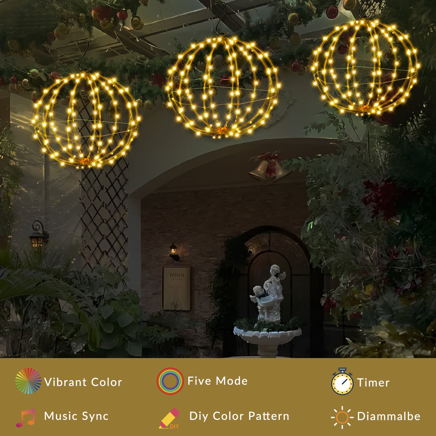 Outdoor Christmas Decorations 12" 108 Led Smart RGB Lighted Balls, DIY Hanging sphere light with Remote Iron Frame Foldable Waterproof For Holiday Patio wedding Patio Tree Gazebo Decor