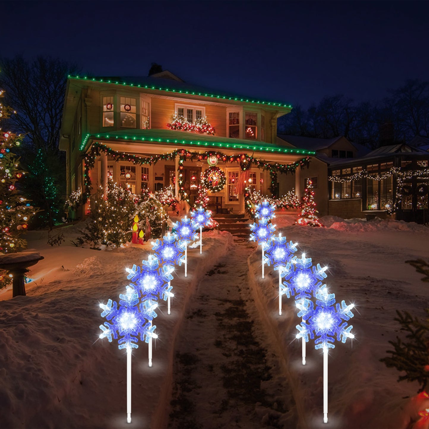 9 ft 3D Snowflake Pathway Lights – Set of 5 Cool White Outdoor Christmas Lights with Yard Stakes, Connectable & UL Listed