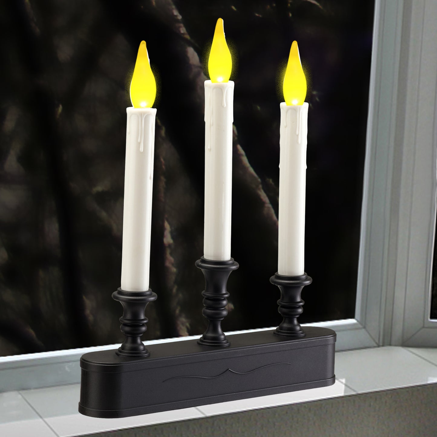 FESTIA Battery Operated Flameless Flicker Flame Window Candelabra with Timer - 3 LED Lights Candle 8 Hours On,16 Hours Off for Indoor Ambiance and Elegance for Cozy Evenings and Festive Decor