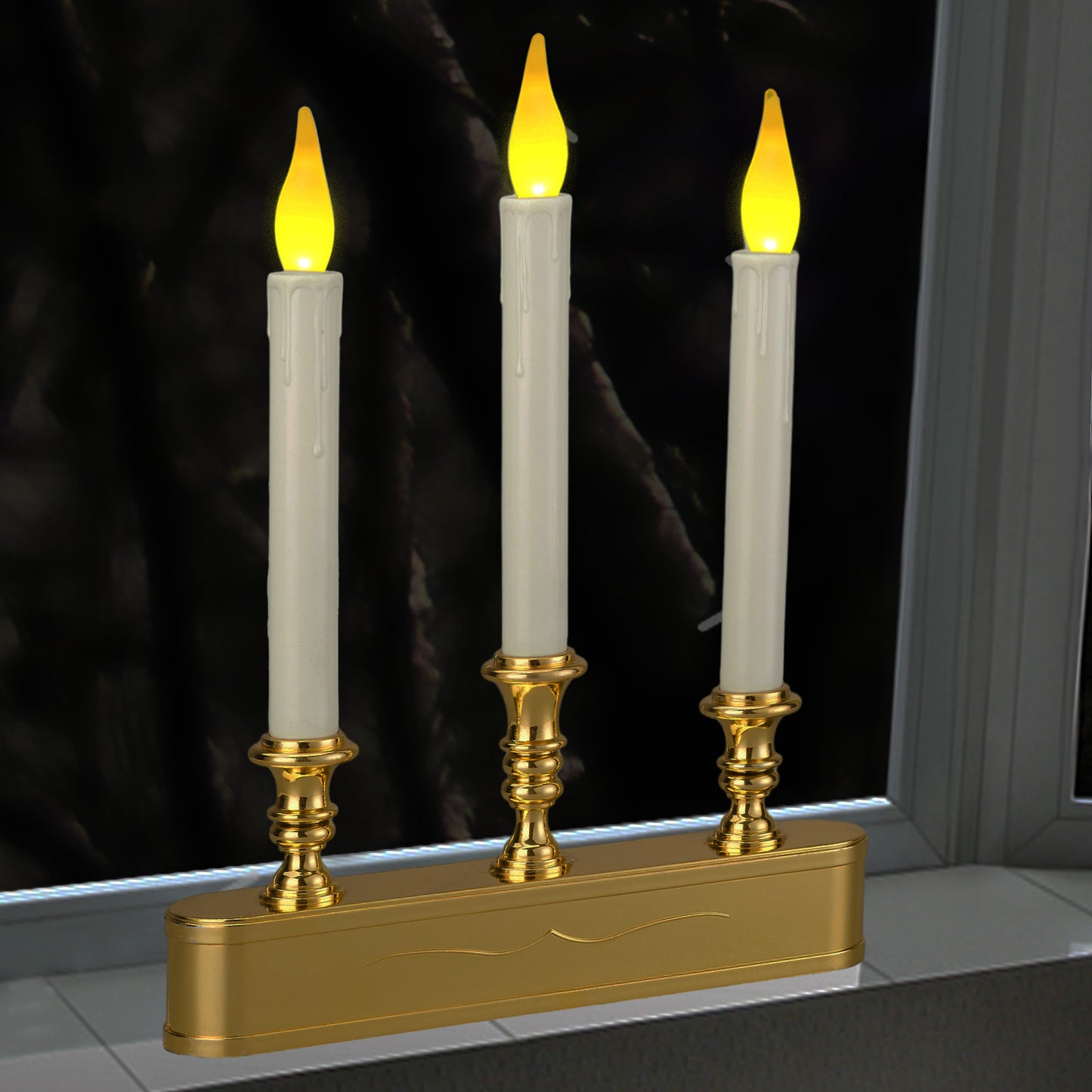FESTIA Battery Operated Flameless Flicker Flame Window Candelabra with Timer - 3 LED Lights Candle 8 Hours On,16 Hours Off for Indoor Ambiance and Elegance for Cozy Evenings and Festive Decor