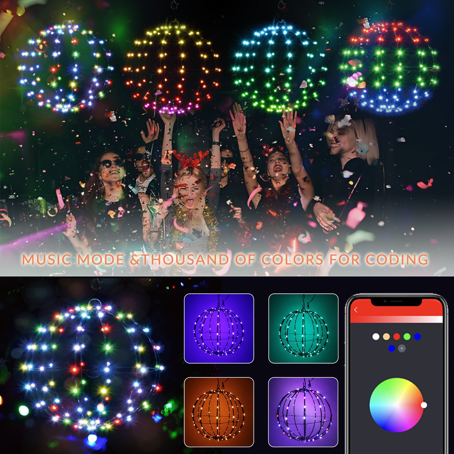 Outdoor Christmas Decorations 12" 108 Led Smart RGB Lighted Balls, DIY Hanging sphere light with Remote Iron Frame Foldable Waterproof For Holiday Patio wedding Patio Tree Gazebo Decor
