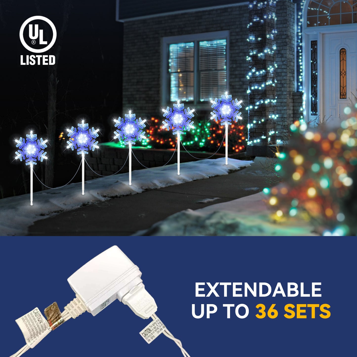 9 ft 3D Snowflake Pathway Lights – Set of 5 Cool White Outdoor Christmas Lights with Yard Stakes, Connectable & UL Listed