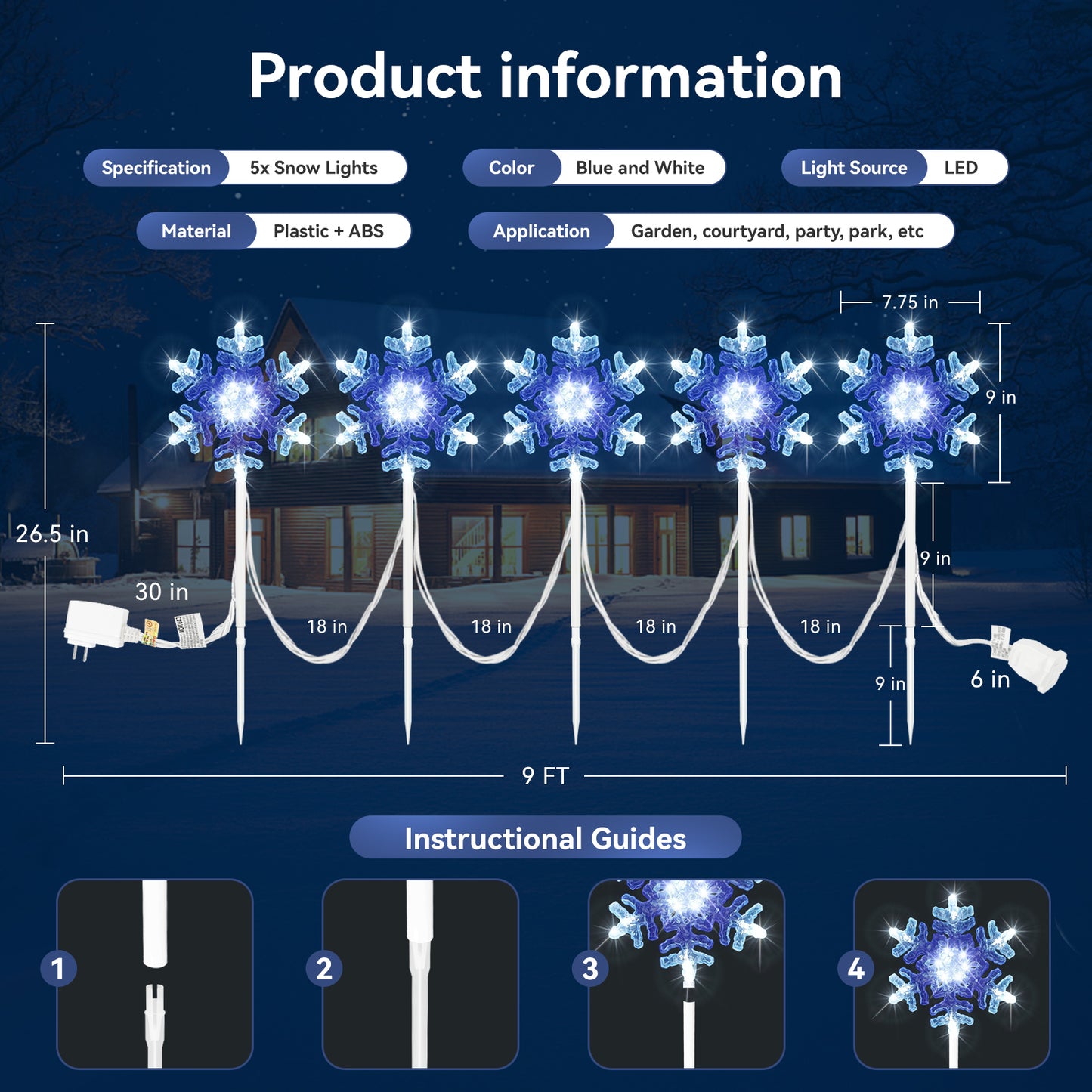 9 ft 3D Snowflake Pathway Lights – Set of 5 Cool White Outdoor Christmas Lights with Yard Stakes, Connectable & UL Listed