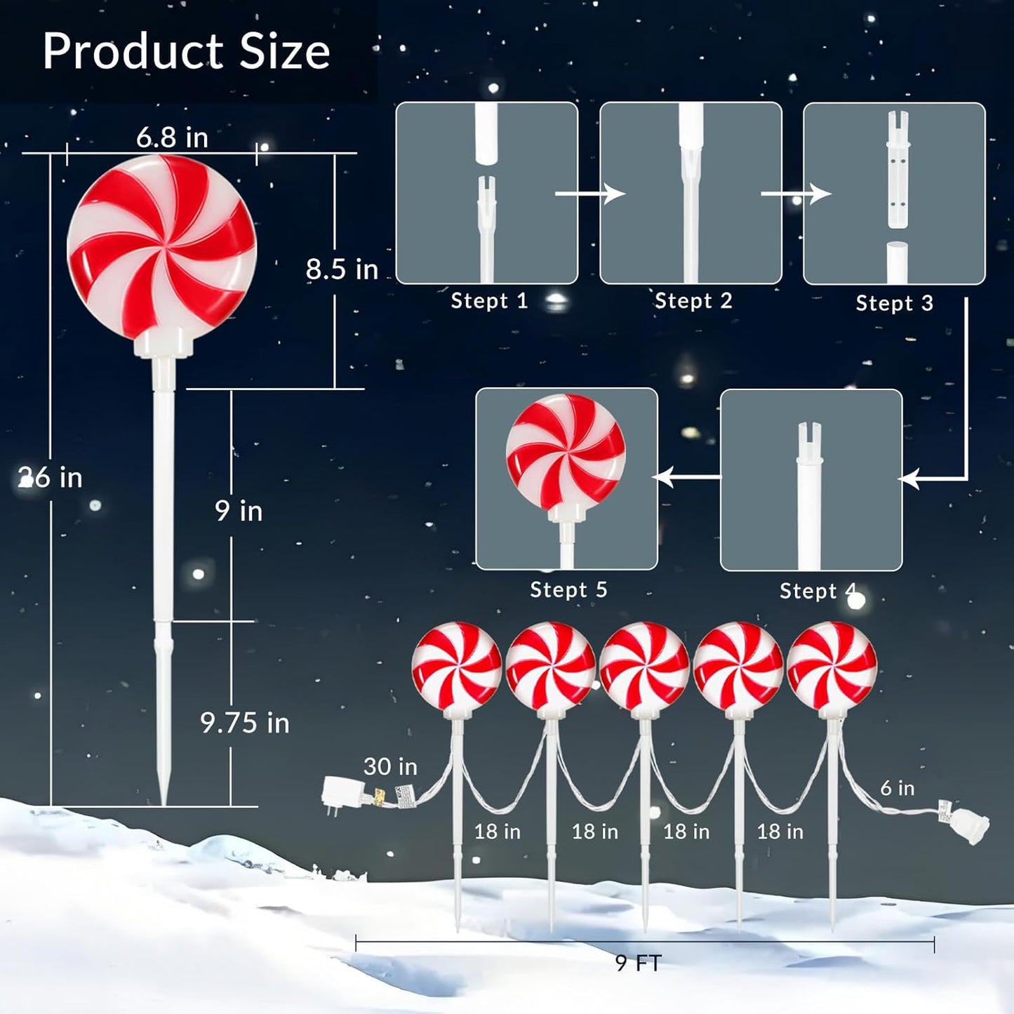 Christmas Pathway Lights Outdoor Decorations: Snowflake Stake Lights with Rotation Feature or steady, Multicolor Candy Lights for Yard Garden Party