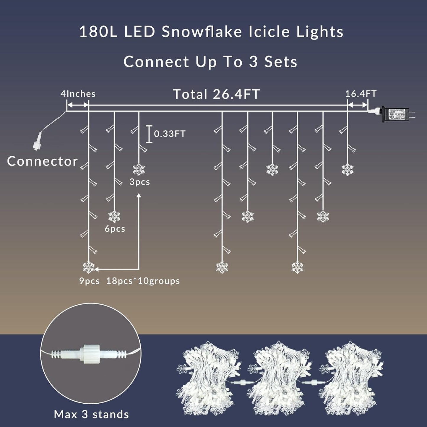 FESTIA Christmas icicle Lights for Indoor & Outdoor - Snowflake Curtain 180LED, Incandescent Icicle & Meteor Shower Lights for Wedding Party Decor