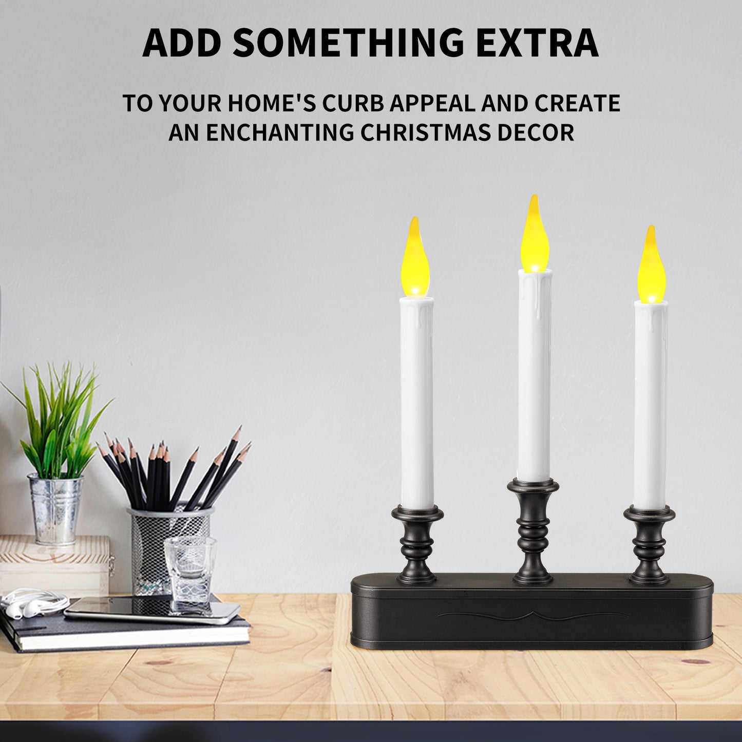 FESTIA Battery Operated Flameless Flicker Flame Window Candelabra with Timer - 3 LED Lights Candle 8 Hours On,16 Hours Off for Indoor Ambiance and Elegance for Cozy Evenings and Festive Decor