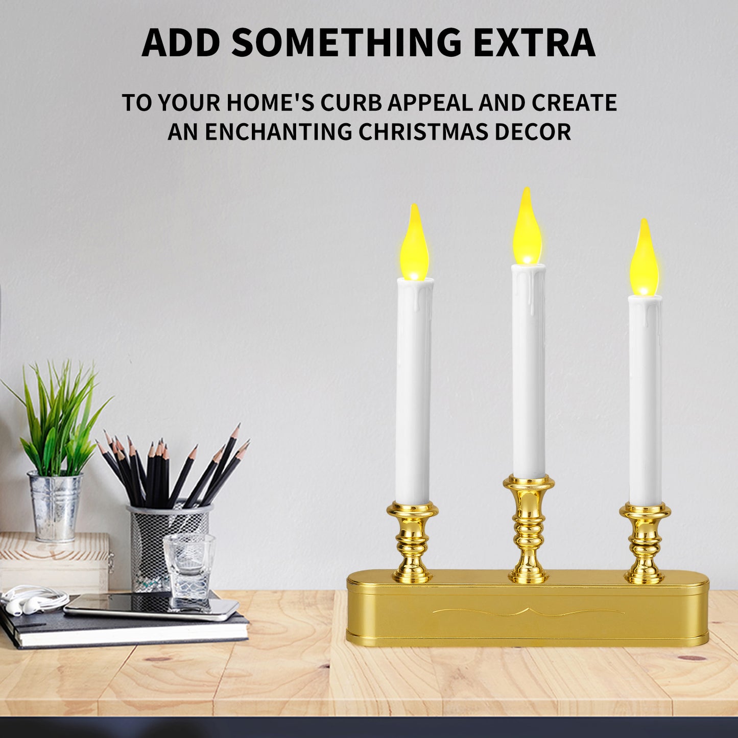 FESTIA Battery Operated Flameless Flicker Flame Window Candelabra with Timer - 3 LED Lights Candle 8 Hours On,16 Hours Off for Indoor Ambiance and Elegance for Cozy Evenings and Festive Decor