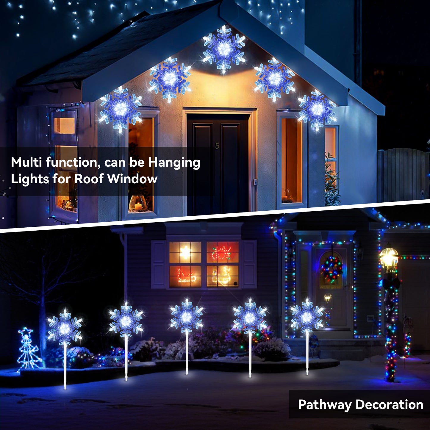 9 ft 3D Snowflake Pathway Lights – Set of 5 Cool White Outdoor Christmas Lights with Yard Stakes, Connectable & UL Listed