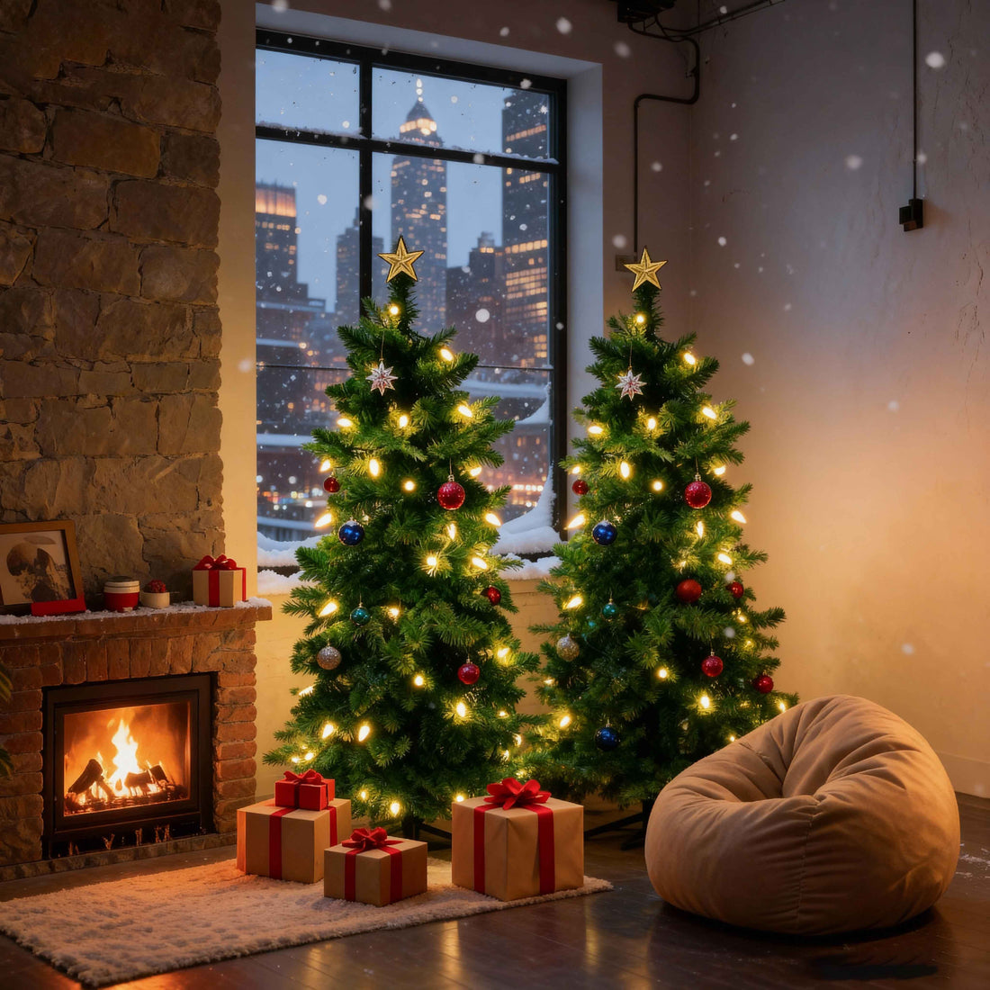 LED string lights with warm white bulbs, used on small Christmas trees in indoor living space