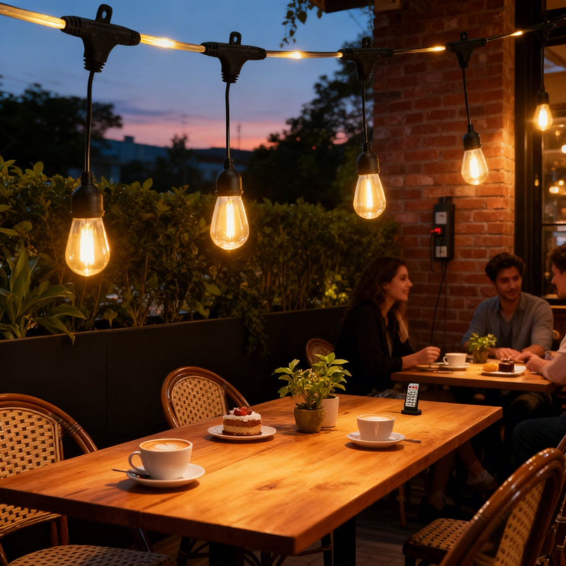 Edison bulb string lights black cord hung over outdoor cafe dining tables at dusk