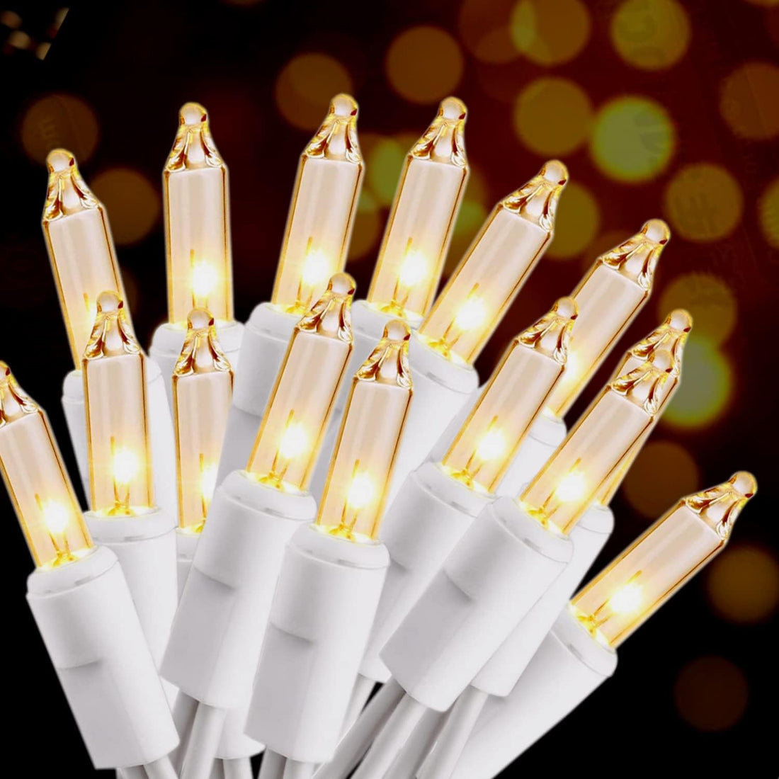 String lights, warm lit mini bulbs with white plastic bases clustered together