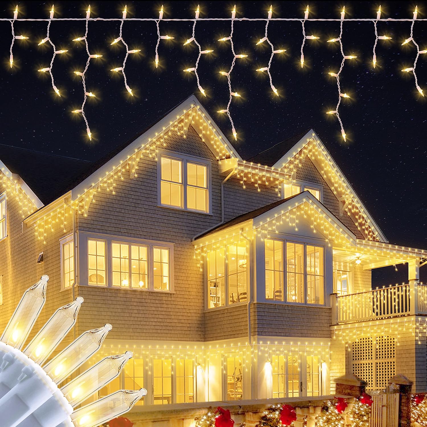 Icicle string lights warm white bulbs draped on two-story residential house roof