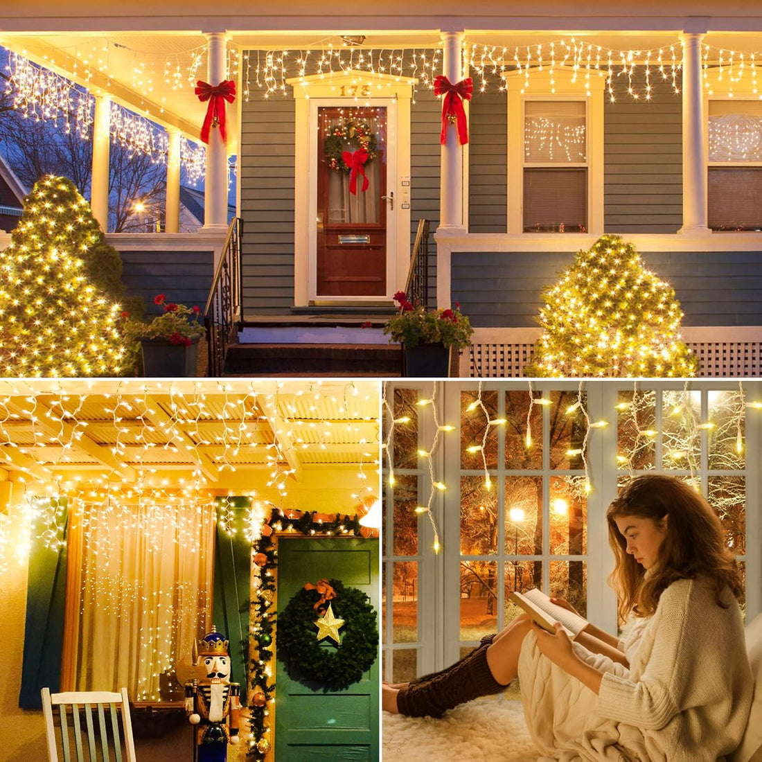 FESTIA Christmas Lights: 8-Function Snowflake Curtain, LED Waterfall & Incandescent Icicle Lights