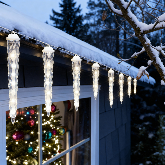 LED icicle string lights, clear icicle-shaped bulbs, hung on snow-covered roof edge outdoors