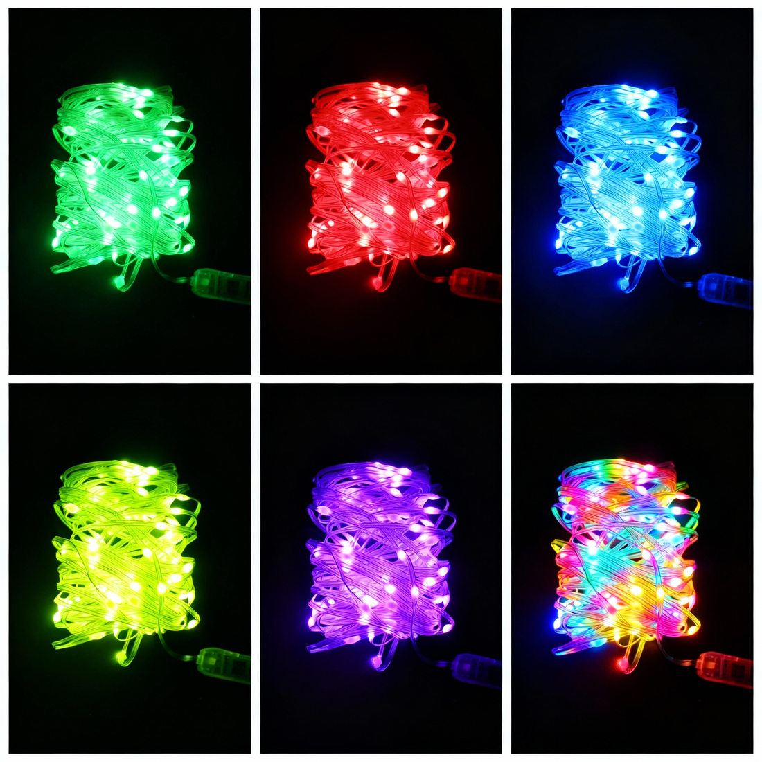 LED string lights, six coiled light ropes in assorted colors on black background