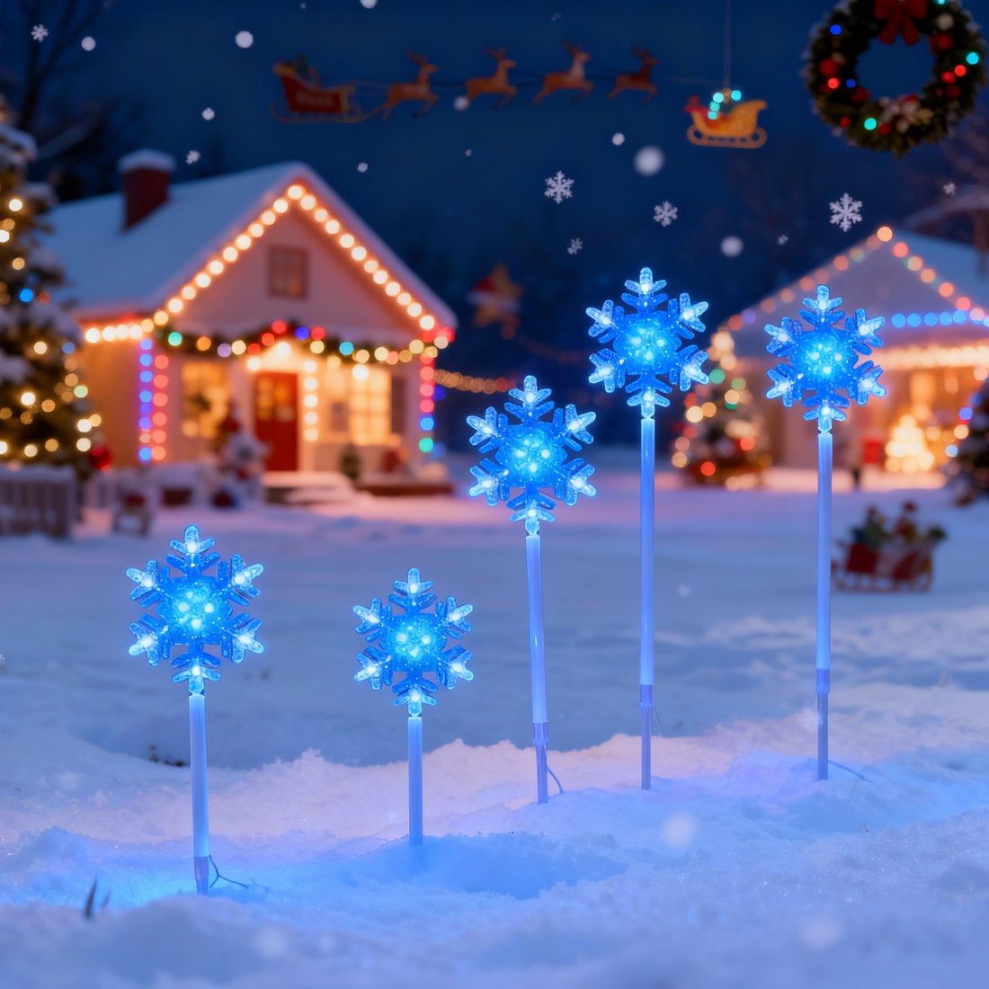 Graduated height blue white LED snowflake ground stakes placed on snow in front of festive lit