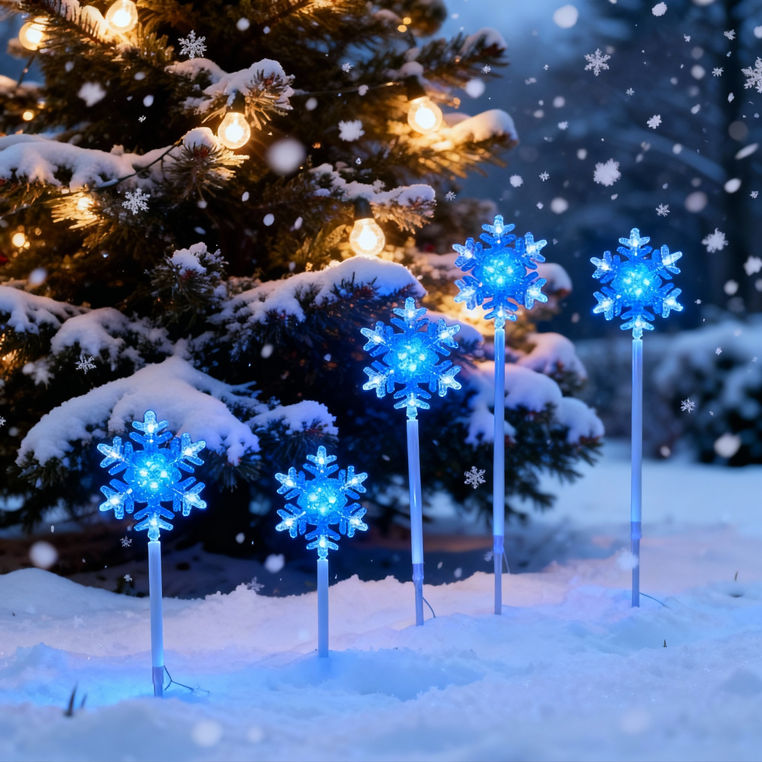 LED snowflake stake lights, blue glowing snowflakes on poles, set in snow outdoors beside snow-covered tree