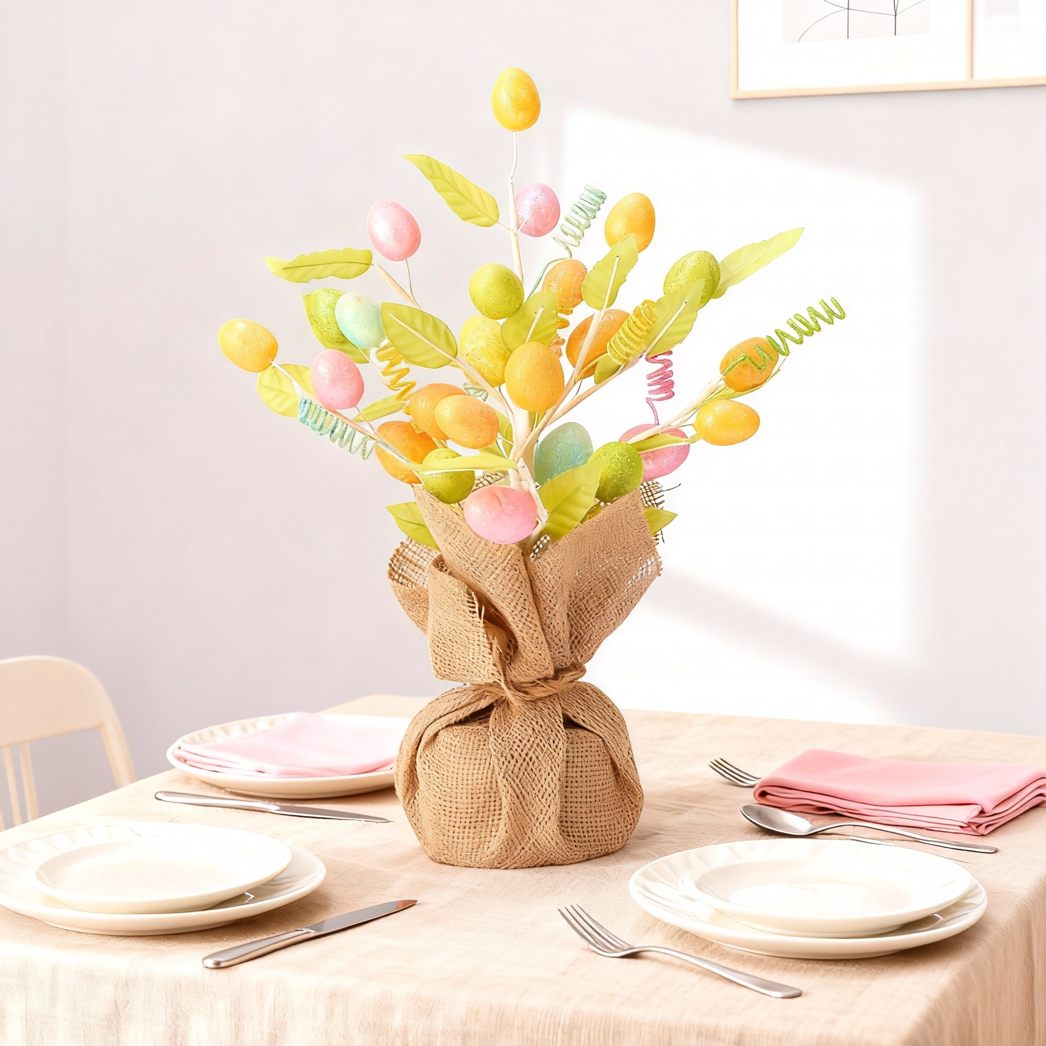 Easter egg tree colorful pastel egg decor set on beige dining table