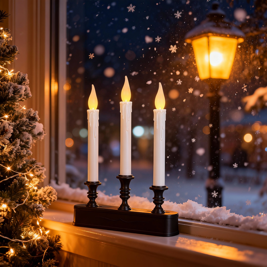 LED taper candles in white with dripping design, set on black holder, placed on indoor windowsill near decorated tree