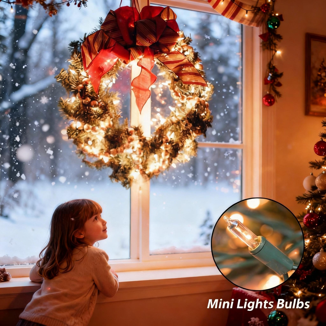 Mini  string lights, warm white bulbs, used on a Christmas wreath in a window, indoors
