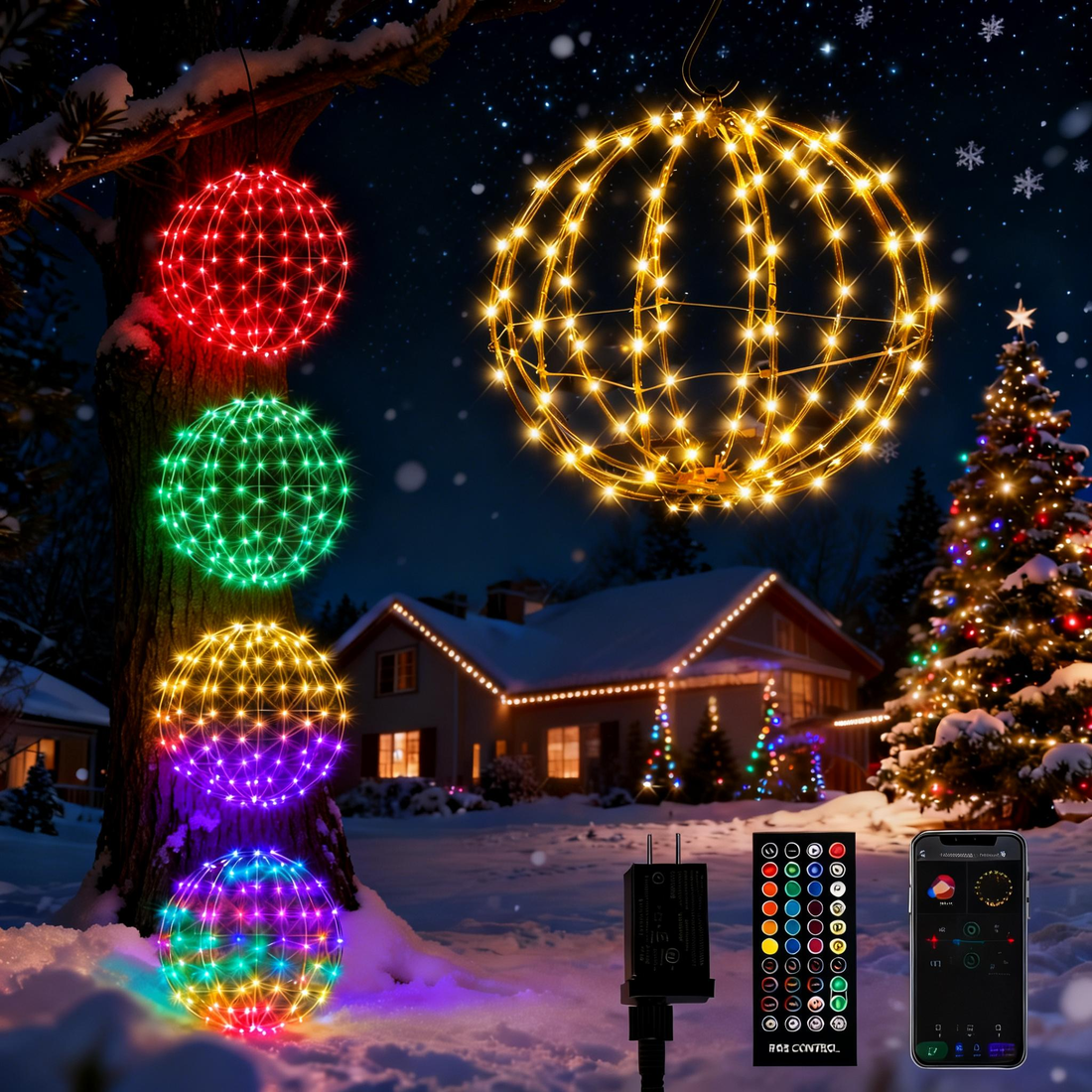 LED globe string lights, various colored glowing orbs, displayed outdoors in snowy area with devices