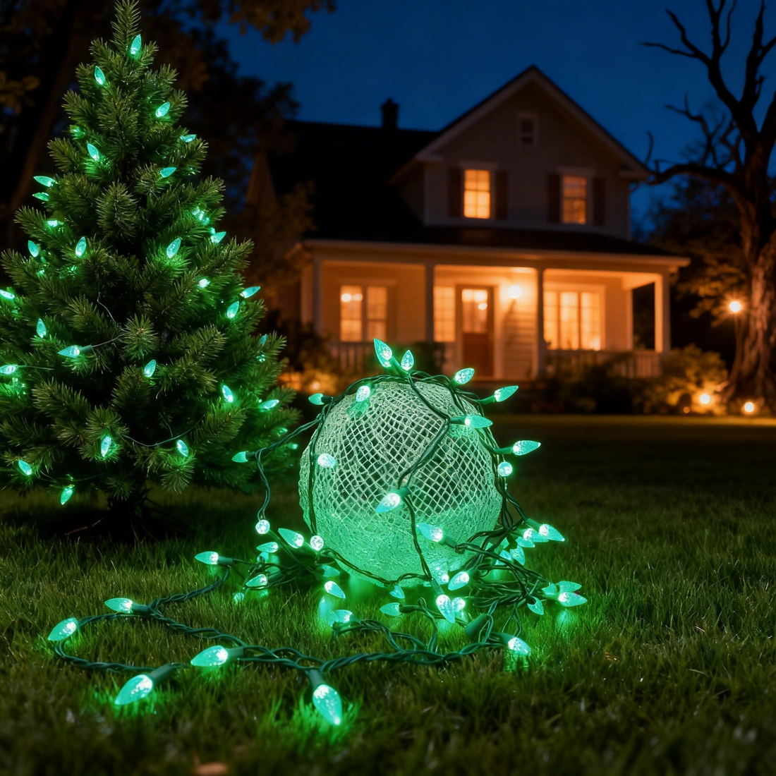 String lights, green LED cone bulbs arranged on residential backyard lawn