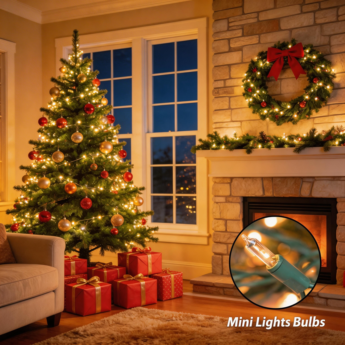 String lights, warm white mini bulbs decorating indoor home Christmas scene