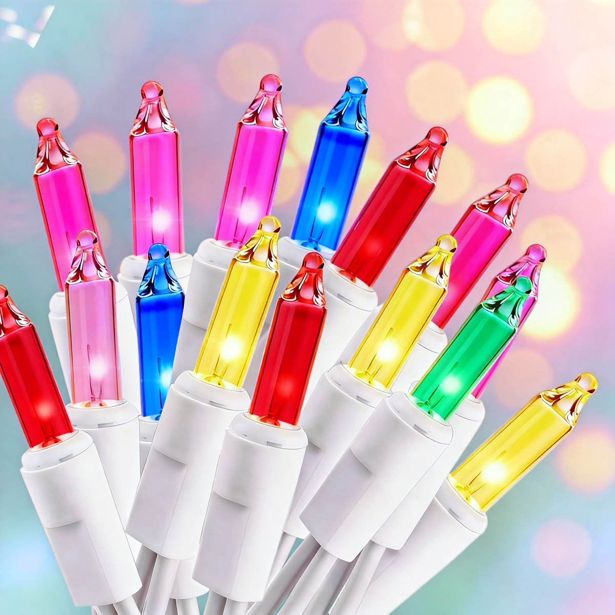 LED string lights, multi-color bulbs with white wire, close up shot