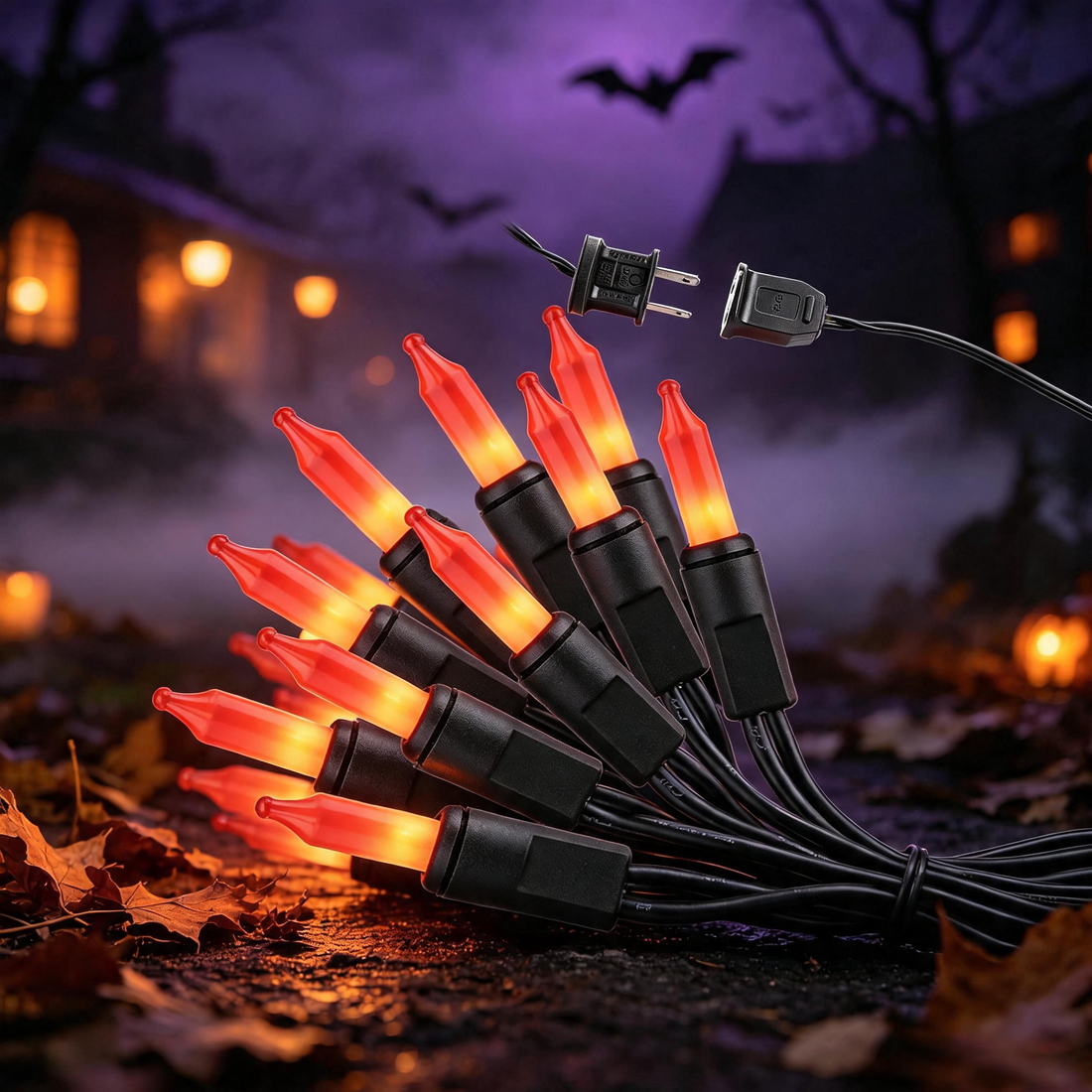 LED Halloween string lights orange tapered bulbs black cord plug shown close up