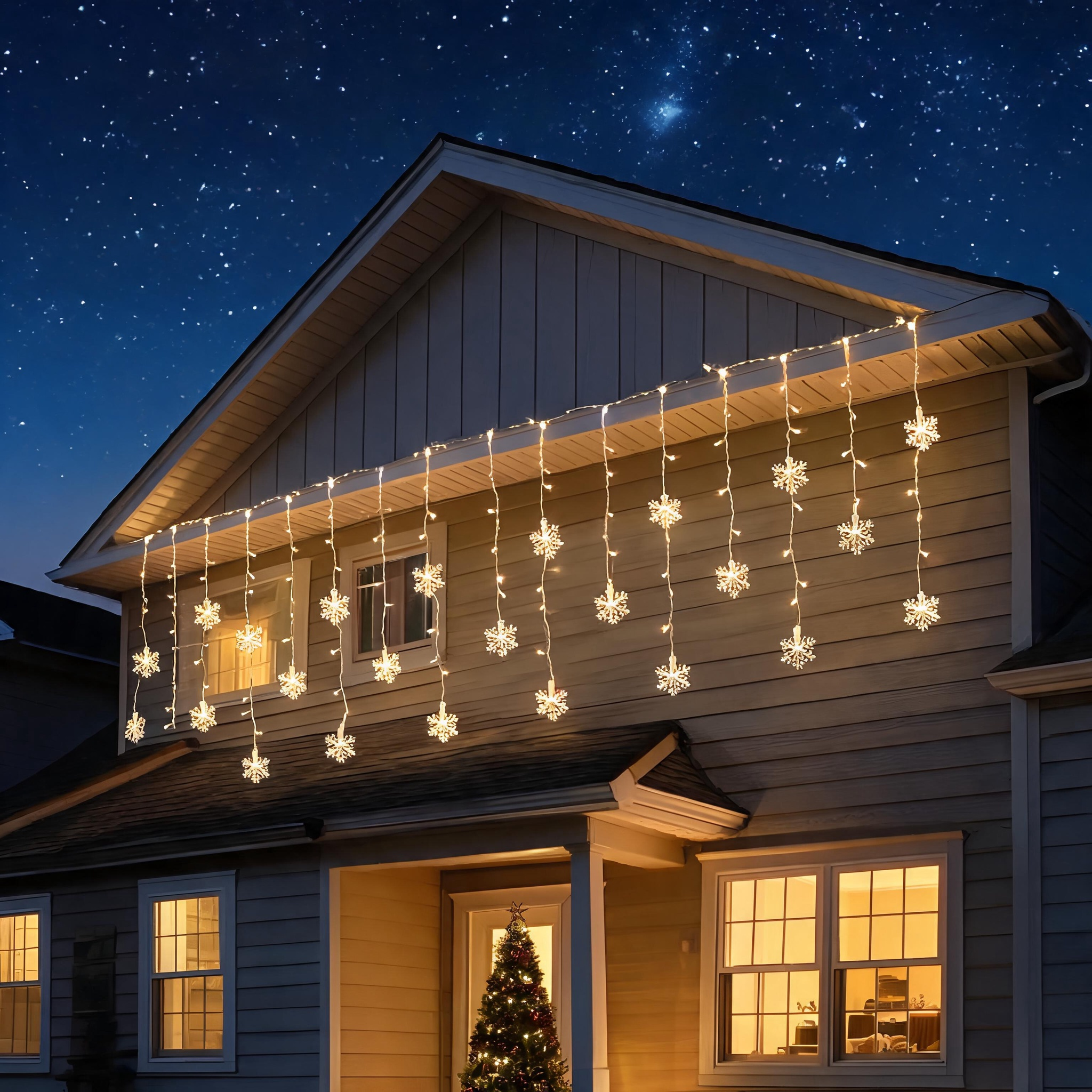 LED snowflake icicle lights warm white hung along residential house roof eaves