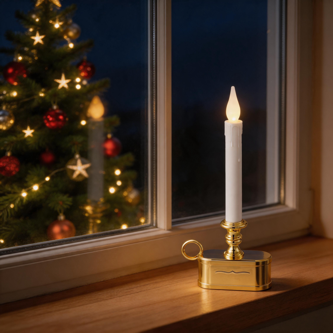 LED candle, white flickering‑tip candle with gold base on wooden windowsill