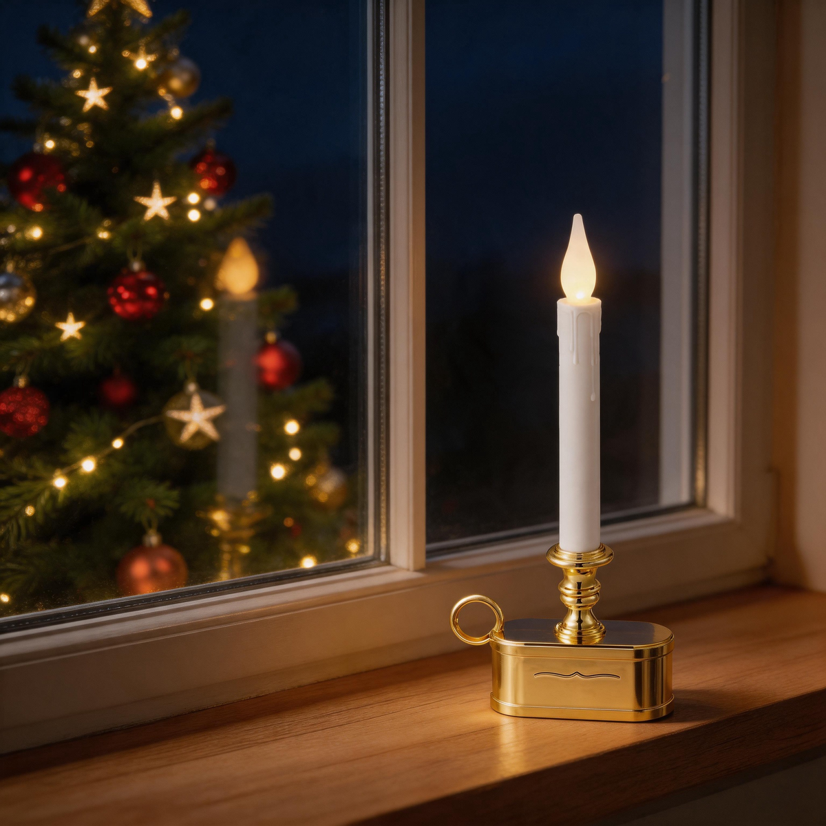 LED candle, white flickering‑tip candle with gold base on wooden windowsill