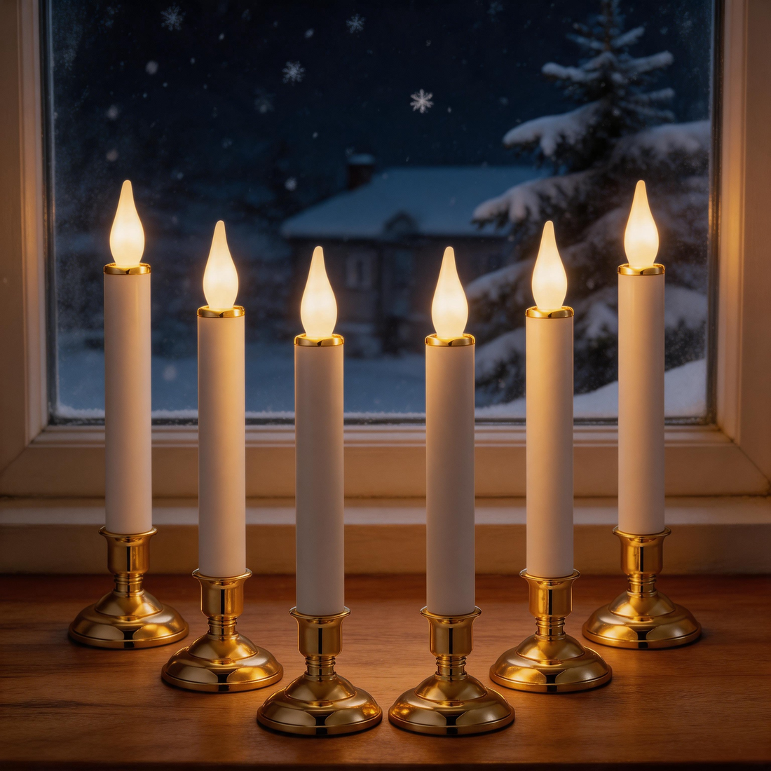 LED taper candle, white body gold base, displayed with plush toy figures