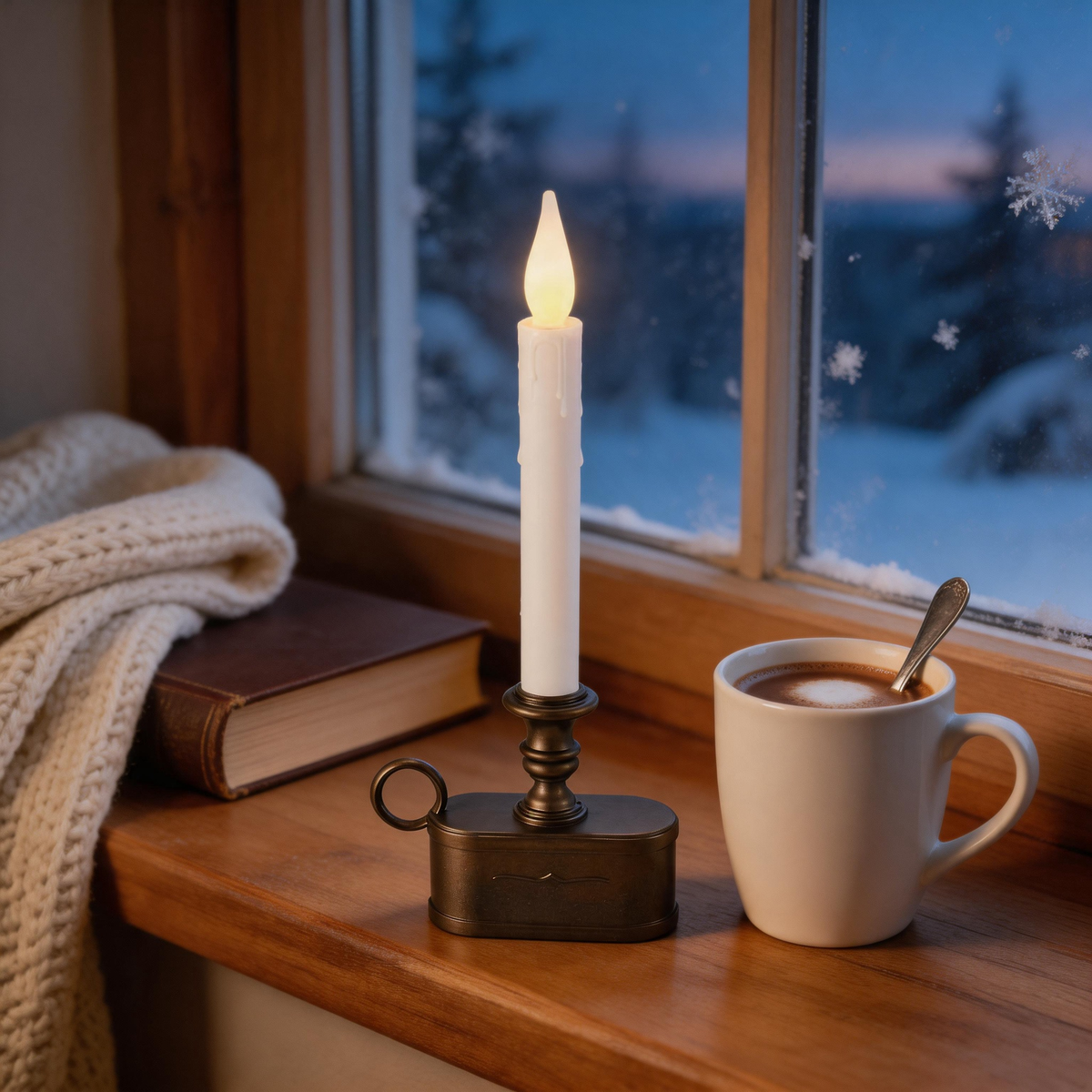 LED taper candle, white candle with bronze base on wooden windowsill, winter scene
