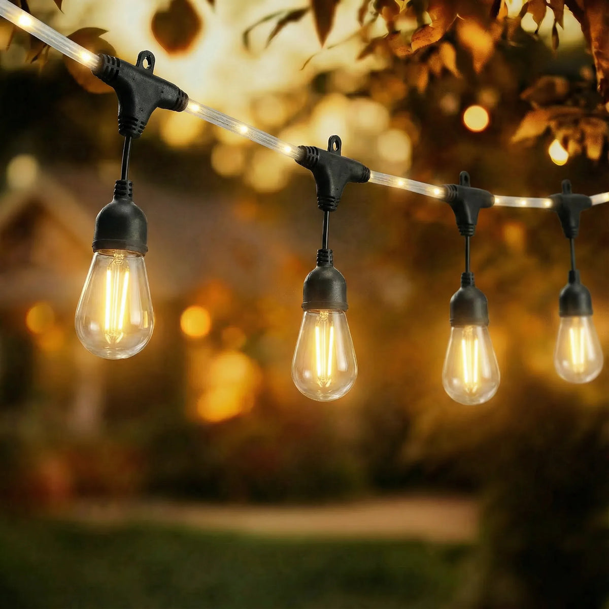 String lights, clear vintage glass bulbs hanging among autumn tree foliage at dusk