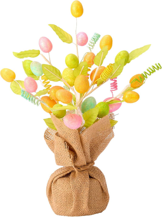 FESTIA Easter Egg Table Tree - 14" Pre-Decorated Spring Centerpiece with Burlap Base