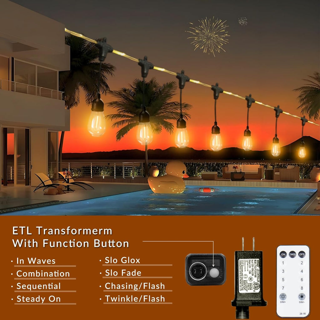 FESTIA LED Outdoor Edison String Lights - 28.2FT Waterproof with Remote｜12 Shatterproof Bulbs｜Timer & Memory Function｜Warm White 2700K